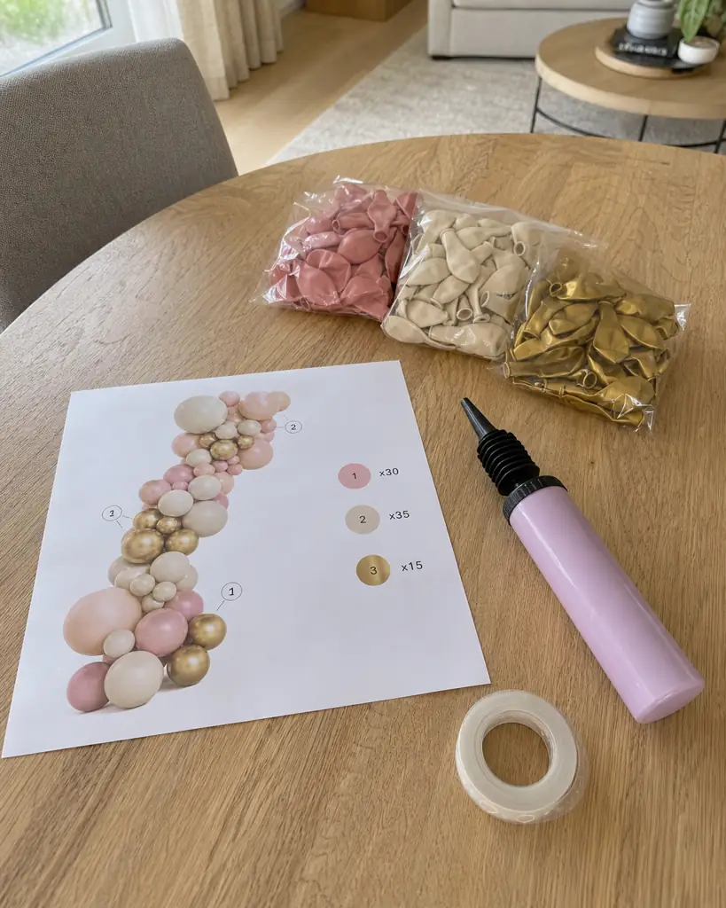 Garland design card with balloon bags and a hand pump